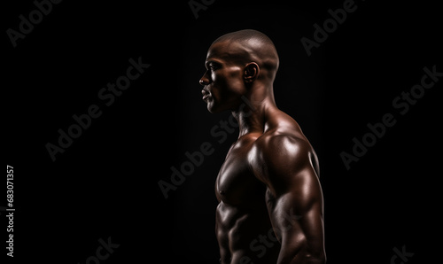 Studio shot of muscular man posing. Shirtless male african model with muscular build. Side view of fit young american african man. Muscular young man against a black background with copy space. 
