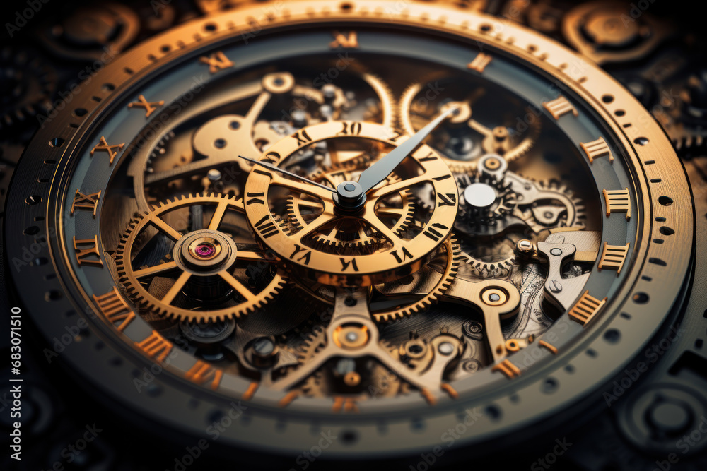 A clock face comprised of interconnected gears and clockwork mechanisms, emphasizing the precision and coordination of time. Concept of temporal machinery. Generative Ai.