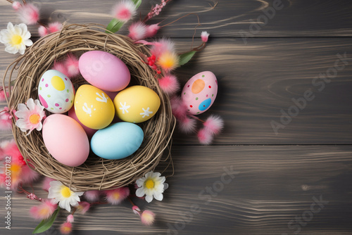 Vibrant Easter Eggs Nestled in Wicker Basket with Spring Blossoms on Rustic Wood Background