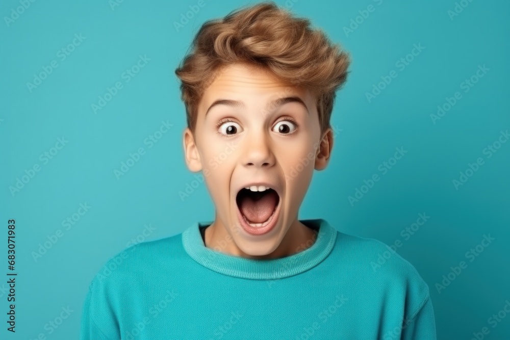 Boy with surprised and joyfully shocked expression on blue background Boy with surprised and joyfully shocked expression on blue background