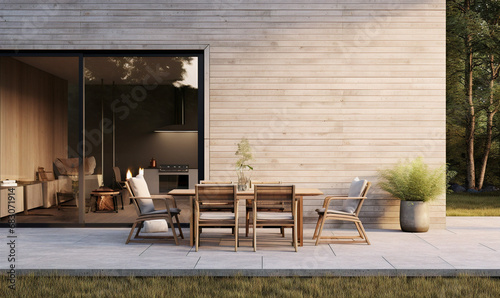 Modern Minimalist Outdoor Dining against a Backdrop of Architectural Wood Panels