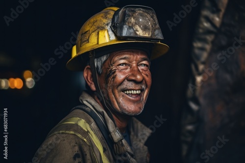 Portrait miner coal man in helmet with lantern in underground mine. Concept industrial engineer. © Jam
