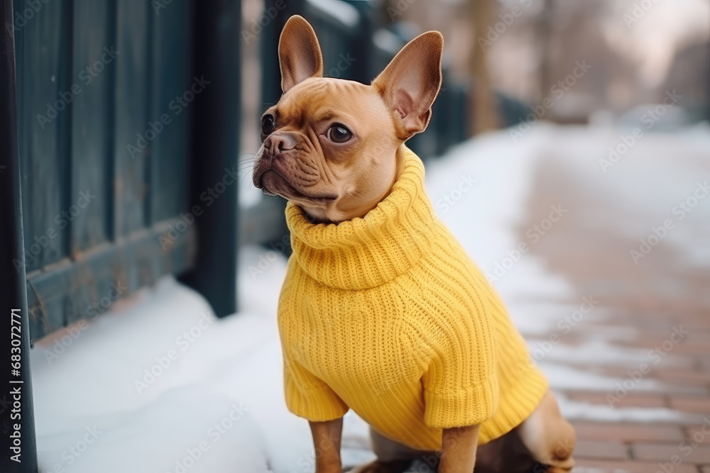 Pet clothes for walk outdoors. Warmly dressed dog in city street. French bulldog walking outside in cold snowy winter day. Puppy in warm knitted coat. Canine animal on morning evening walk