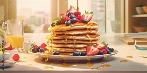 Delicious pancakes are stacked on a plate with fresh berries and poured with maple syrup. Breakfast