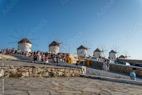 Lots of people at the windmills in Mykonos