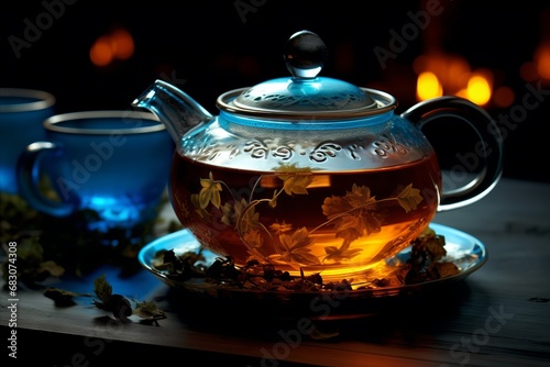 Enchanting Teapot Pouring Steaming Tea into Glass Cup, Infusing Surroundings with Delicate Aroma