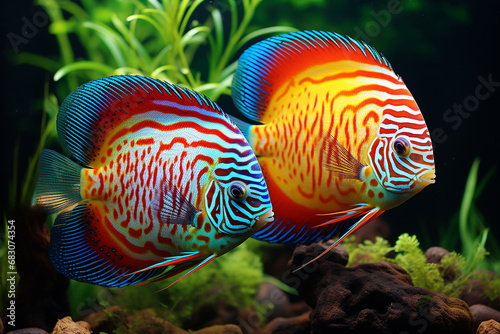 Bright fish discus in aquarium, underwater world