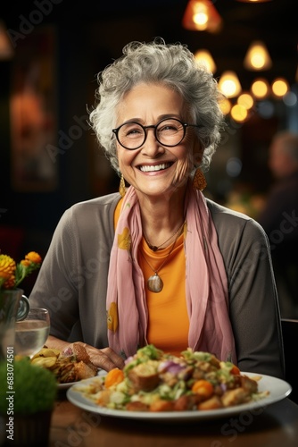 A happy elderly woman is sitting at the table with a plate of vegetable salad. Vegetarianism