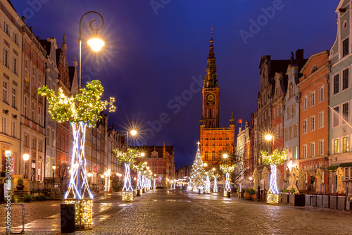 Christmas tree and illumination on Long Market Street and Town Hall in Old Town of Gdansk  Poland
