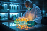 A scientist in a lab coat examining a sample of nuclear fuel, emphasizing the meticulous testing and research involved in nuclear energy development.  Generative Ai.