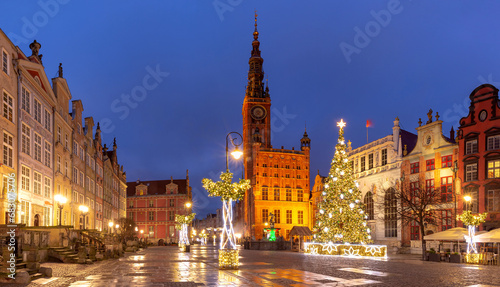Christmas tree and illumination on Long Market Street and Town Hall in Old Town of Gdansk, Poland