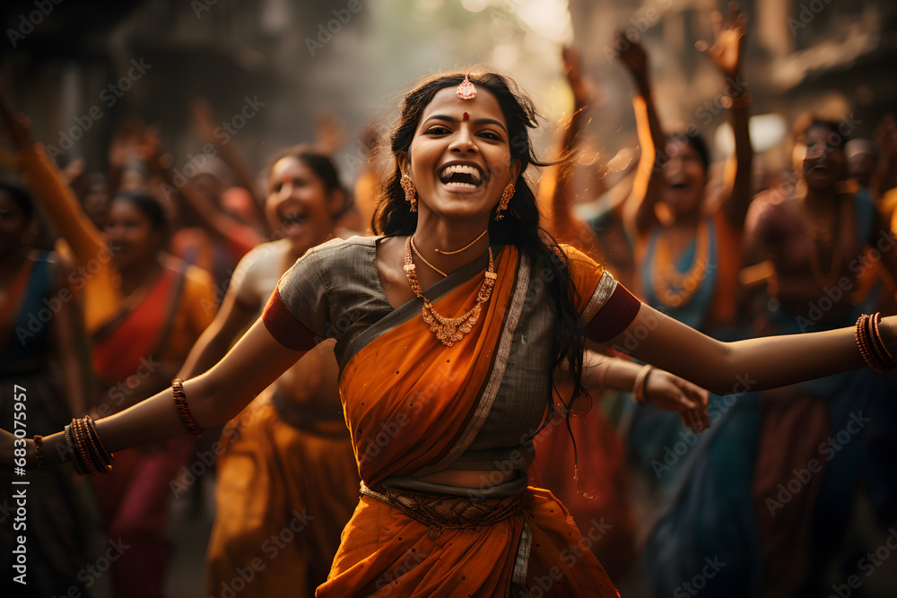 Indian women dancing on the streets in traditional attire, Indian women dancing on the streets in traditional attire,