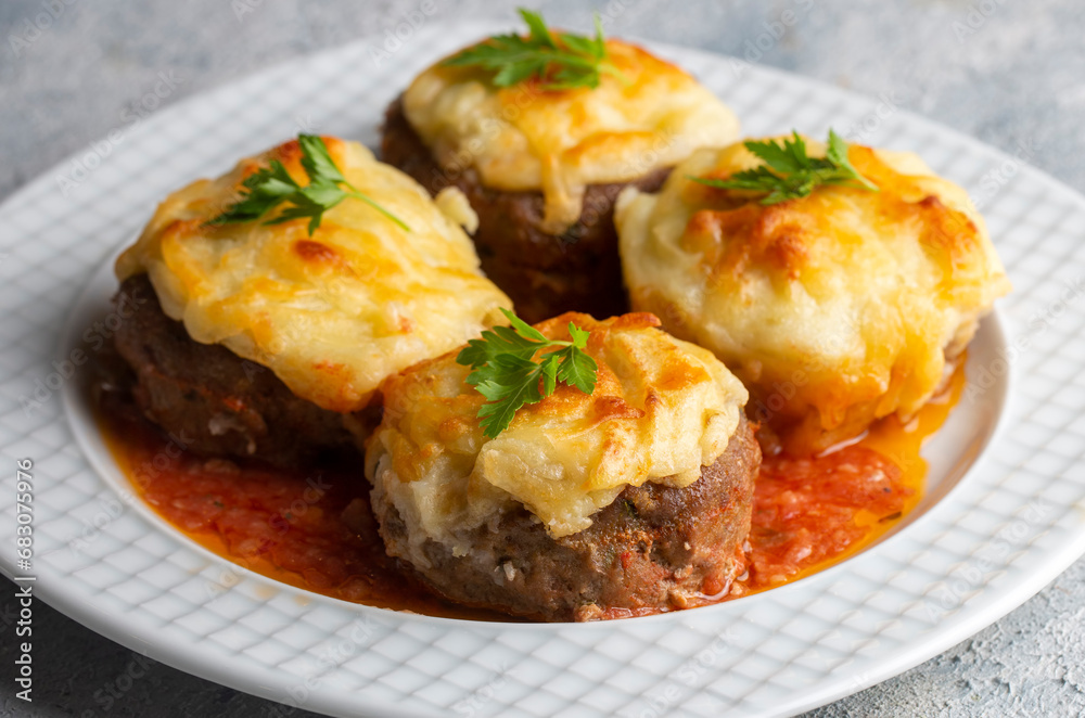 Turkish Food Hasanpasa Kofte - Kofta with Puree - Meatball with Bechamel Sauce and Green Peas. Traditional Food. Turkish Food Hasanpasa Kofte - Kofta with Puree - Meatball with Bechamel Sauce and Green Peas. Traditional Food.
