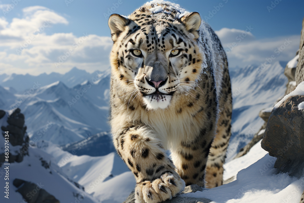 Obraz premium An elusive snow leopard traversing the mountainous terrain, symbolizing the resilience and adaptability of wildlife in challenging environments. Generative Ai.