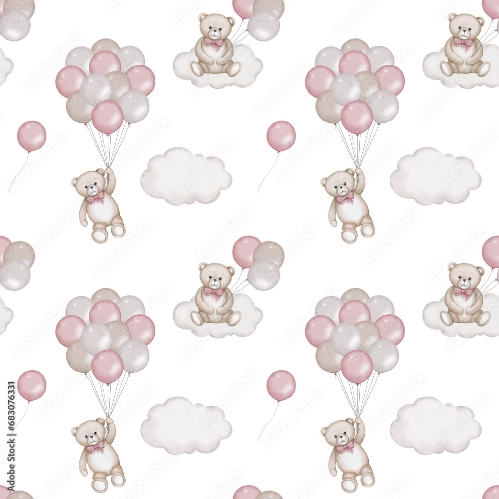 Seamless pattern with cute teddy bear flying with air balloons and sits ...
