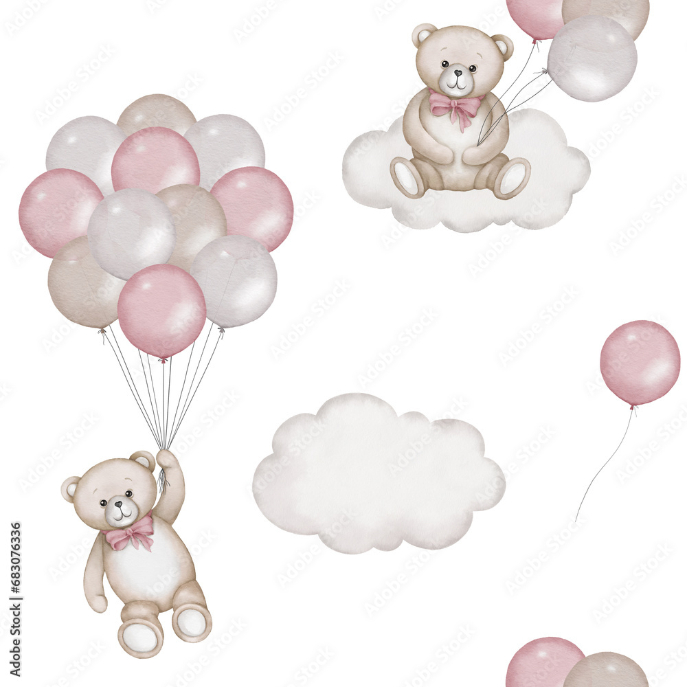 Seamless pattern with cute teddy bear flying with air balloons and sits ...