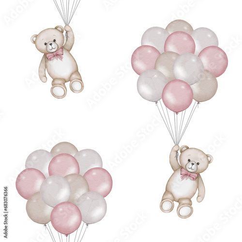 Seamless pattern with cute teddy bears flying with air balloons. Watercolor hand drawn illustration with white isolated background. Baby shower clipart.