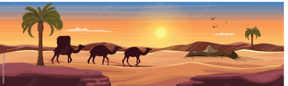 illustration with desert scenery beautiful bright sky on the desert with camel, dates tree and caravan. vector illustration
illustration with desert scenery beautiful bright sky on the desert with camel, dates tree and caravan. vector illustration