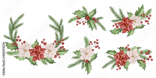Christmas Clipart illustration collection of floral flower bouquet and wreath, pine branches, berries. Background, print, fabric design. Winter. Merry Christmas and Happy New Year!