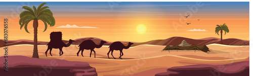 illustration with desert scenery beautiful bright sky on the desert with camel  dates tree and caravan. vector illustration  