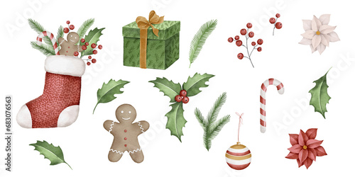 Christmas Clipart illustration set collection - gingerbread men, stockings, gifts, candy cane, floral branch. Red sweater. Background, print, fabric design. Winter. Merry Christmas and Happy New Year!