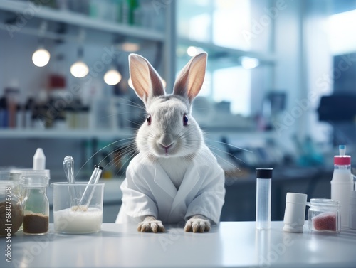 A rabbit in a lab coat sitting at a table. Generative AI. photo