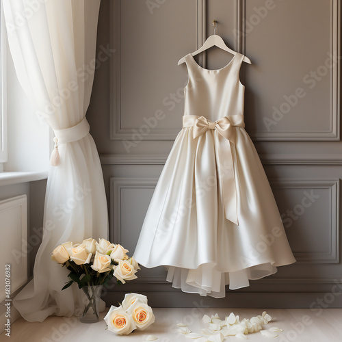 White dress for little bridesmaid with white flowers scattered around, elegant scene inspired by ceremonies such as first communion and wedding