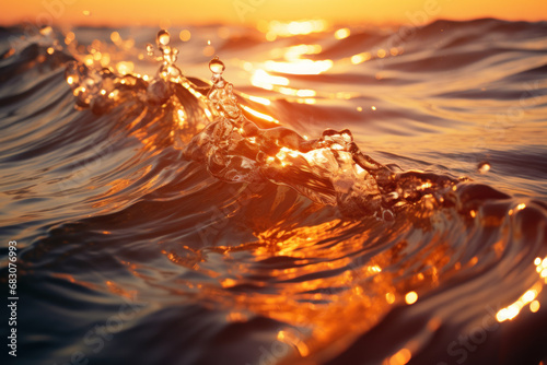 Sun-kissed waves, bathed in hues of gold and amber, creating a luminous seascape beneath the warm embrace of a setting sun. Concept of the magic hour on the water. Generative Ai.