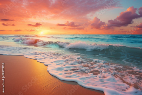 Morning waves  painted in hues of soft pastels  embrace the dawn with a tranquil embrace  welcoming a new day on the water. Concept of the serenity of sunrise over the ocean. Generative Ai.