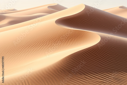 Waves of sand  sculpted by the wind into mesmerizing patterns  creating an ever-changing landscape that mirrors the ephemeral nature of time. Concept of the artistry of desert dunes. Generative Ai.