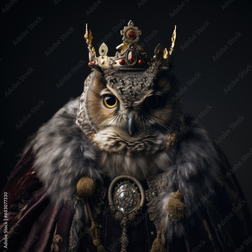 An owl with a crown on its head. Generative AI. An owl with a crown on its head. Generative AI.