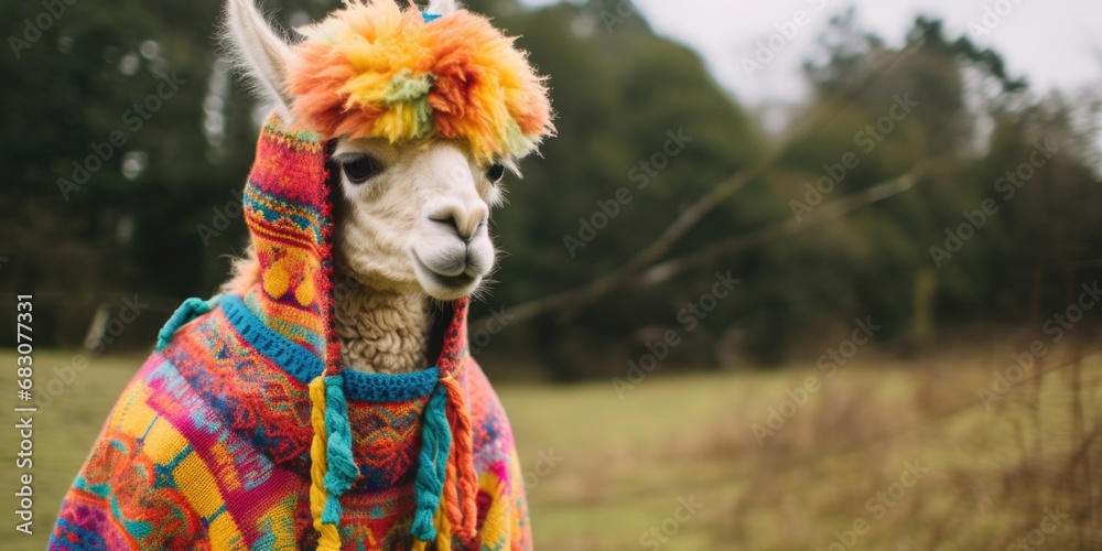 A llama wearing a colorful sweater and scarf. Generative AI.