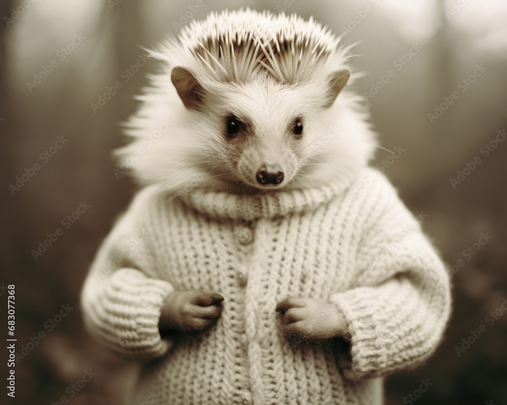 Fototapeta premium A hedge in a sweater standing in the woods. Generative AI.