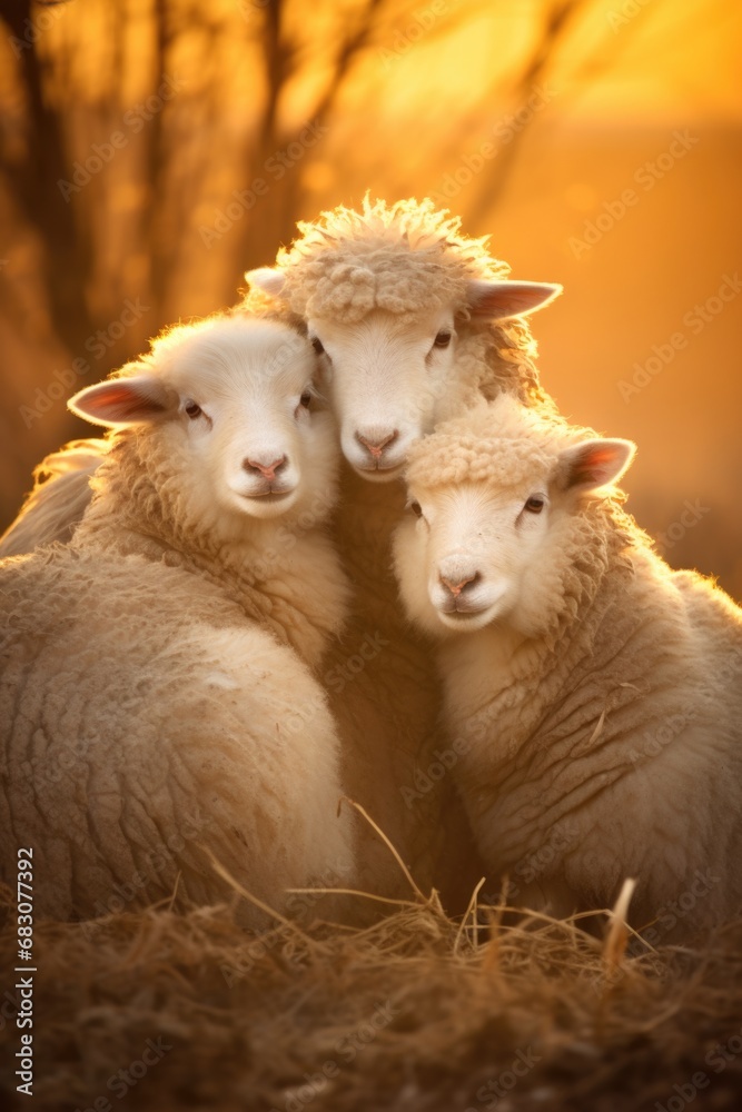 Obraz premium A group of sheep sitting on top of a pile of hay. Generative AI.