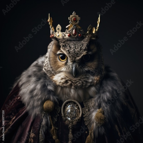 An owl with a crown on its head. Generative AI.