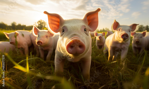 Piglets stand in a field outside at a pig farm. photo