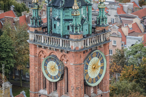 Aerial view from tower of Basilica of Assumption of Blessed Virgin Mary on Old Town of Gdansk with Town Hall tower, Poland