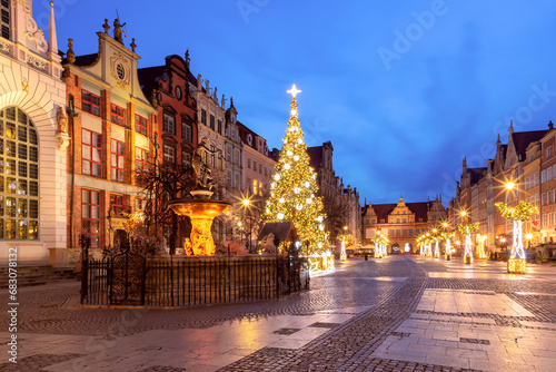 Christmas Long Lane and Green Gate, Brama Zielona in Gdansk Old Town, Poland photo