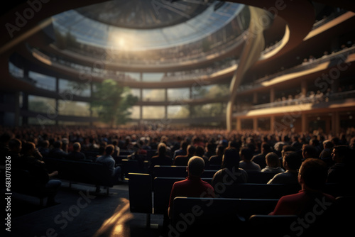 Town hall meeting in a large auditorium, where leaders address the entire organization, promoting transparency and open communication within the company. Generative Ai. photo