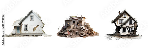 Set of three demolished houses over isolated transparent background