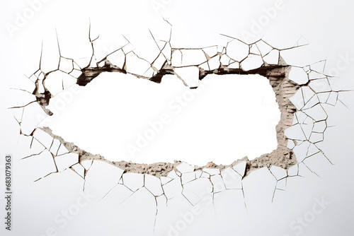 Cracked white wall with hole in the middle over transparent background