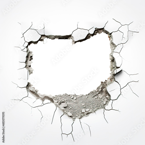 Transparent background hole in cracked white wall photo