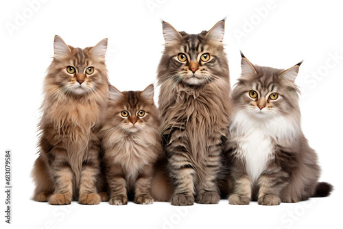 Adorable family of tabby cats posing on white transparent background