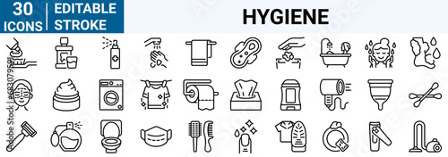 set of 30 line web icons hygiene. Contains such Icons as washing hands, shower, antibacterial soap and more. Editable stroke.