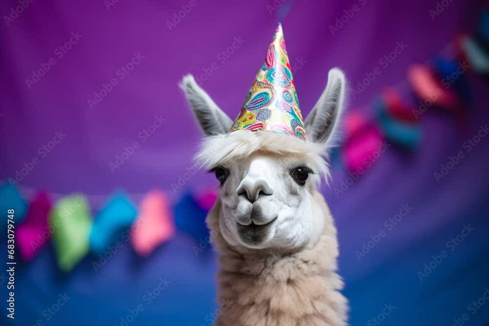 Alpaca in a funny holiday hat on a bright background.