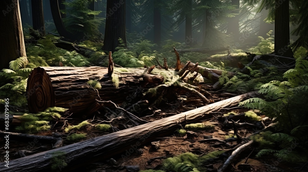 Fallen trees lying in a heap, depicting a natural scene in the forest Fallen trees lying in a heap, depicting a natural scene in the forest