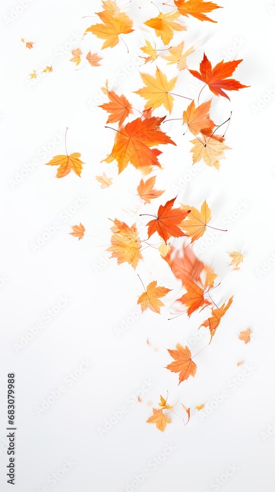 Graceful movement: Autumn leaves in flight, floating against a pristine white background