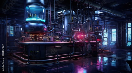 Cyberpunk-inspired laboratory with steampunk elements, featuring gray and neon colors