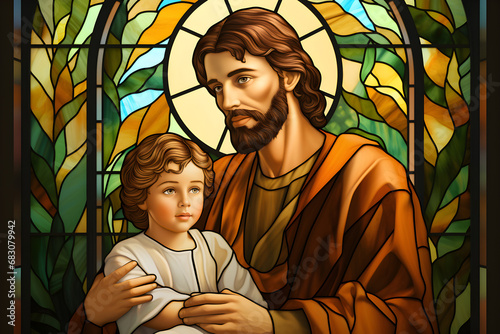 St, Joseph, the patron saint of the Catholic Church, with Jesus Christ in stained glass on St, Joseph Street, photo