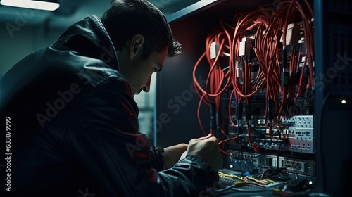 Intense moment as a hacker expertly manipulates an electronic lock by tampering with cables in clos